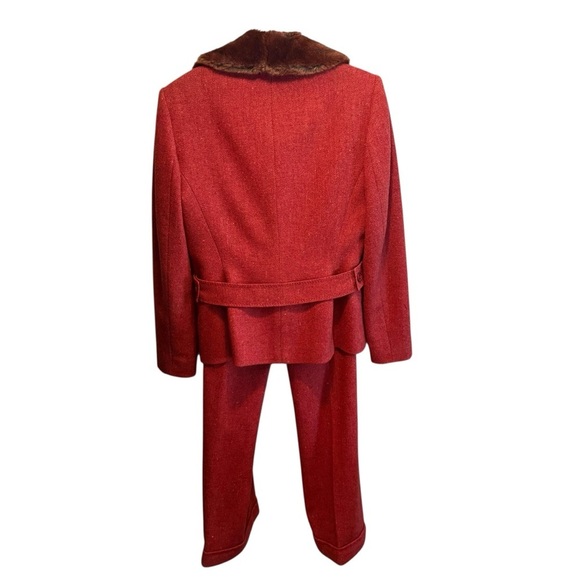 Anne Klein 2Pc Pant Suit Blazer Jacket Faux Fur Wool Blend Red Orange Size 8 NWT - Picture 2 of 16